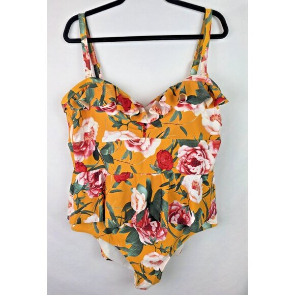 Torrid Women's One Piece Swimsuit Plus Size 2X Yellow Floral Ruffle Swim - Picture 1 of 13